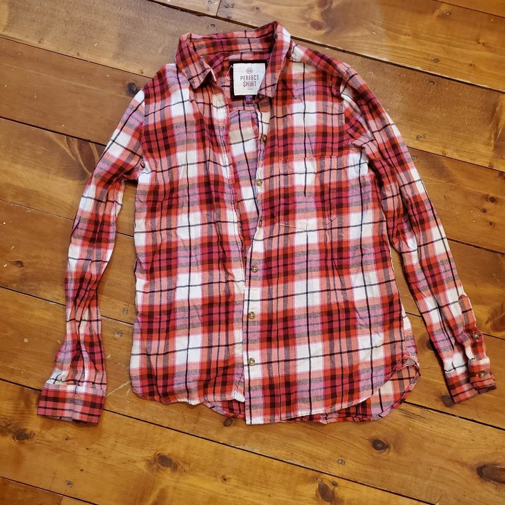 Shades of red plaid flannel shirt, Child's size L
